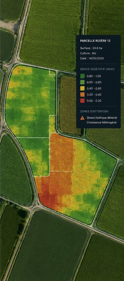 Carte NDVI multispectrale d'une parcelle de rizière avec zones de stress hydrique détectées